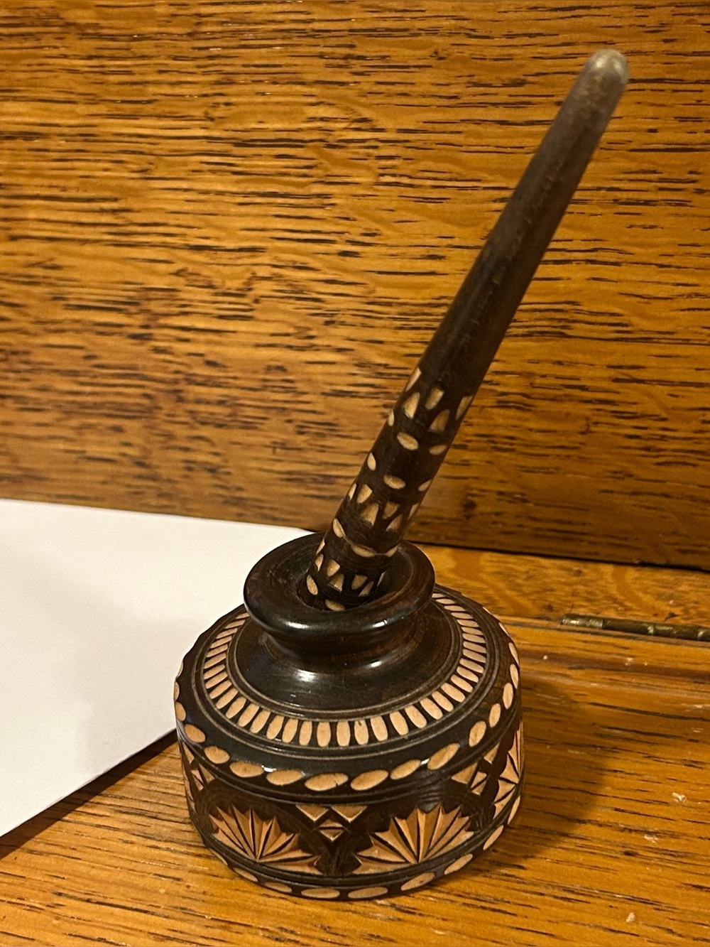 Vintage Hand Carved Wood Inkwell Dip Pen Set